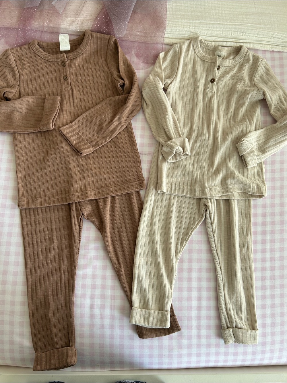 Kids Ribbed Thermal Pajama Set - Brown and Cream